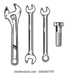 Set of vintage monochrome wrenches and bolt. Isolated on white background. Vector EPS 10.