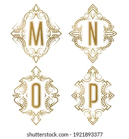 Set of vintage monograms in patterned frames. Retro logos of M, N, O, P golden letters.