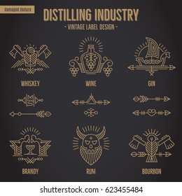 Set of vintage moonshine alcohol logo design with additional ethnic elements in thin line style. Distillery industry bottle emblems, distilling business. Monochrome, gold on black. Textured