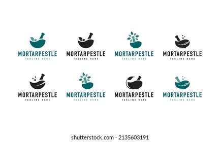 Set of Vintage Mortar Pestle Leaf Bowl Hipster Logo Vector Design Inspiration