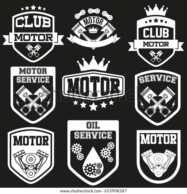 Set of Vintage Motor\
Club or car service Signs and Label. Shields with stars and\
pistons. Emblem of drivers and riders. Editable Vector illustration\
Isolated on background.