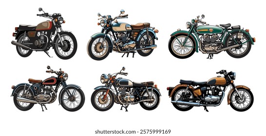 Set of vintage motorbikes vector illustration, isolated on white background.