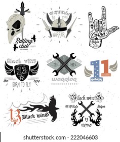 Set of vintage motorcycle badges and design elements.