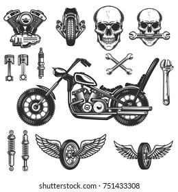 Set of vintage motorcycle design elements on white background. wheel, racer helmet, spark plug. Design elements for logo, label, emblem, sign, badge. Vector illustration