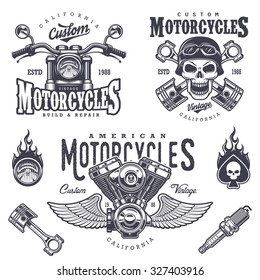 Set of vintage motorcycle emblems, labels, badges, logos and design elements. Monochrome style.