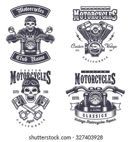 Set of vintage motorcycle emblems, labels, badges, logos and design elements. Monochrome style.