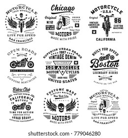 Set of vintage motorcycle emblems. T-shirt graphics. Vector