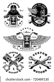 Set with vintage motorcycle illustrations, logos, badges, t-shirt designs. Text is on the separate layer. (VERSION ON  WHITE BACKGROUND)