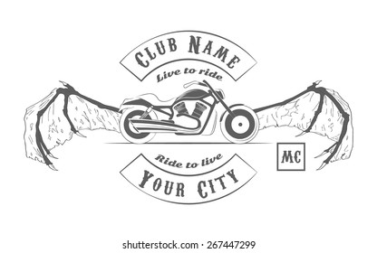 Set of vintage motorcycle labels, badges and design elements. Wings and wheel. For bikers. Patch. Emblem. Speed. Vector illustration. Eps10.