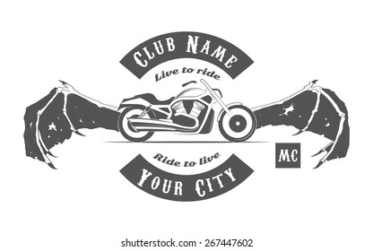 Set of vintage motorcycle labels, badges and design elements. Wings and wheel. For bikers. Patch. Emblem. Speed. Vector illustration. Eps10.