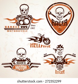 Set of vintage motorcycle labels, badges and design elements with skull in grunge style