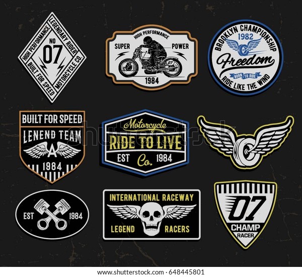 Set of vintage motorcycle labels,\
badges, logos and design elements.for t shirt and other\
uses.