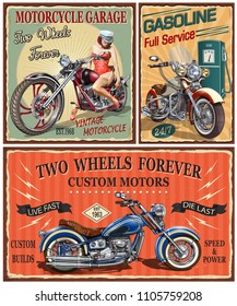 Set of vintage motorcycle metal signs.
