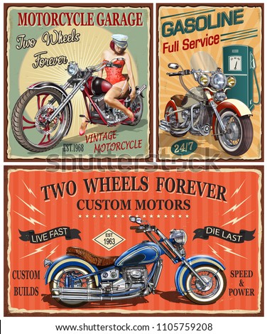 Set of vintage motorcycle metal signs.
