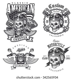 Set of Vintage motorcycle  t-shirt prints, emblems, labels, badges and logos. Monochrome style. Isolated on white background