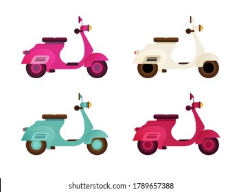 Set of Vintage Motorcycle in Various Color Isolated On White Background. Flat Scooter Vector Illustration. Banner Design. Website template. Landing Page. Icon Concept.