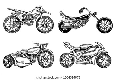 Set of Vintage motorcycles. Collection of bicycles. Extreme Biker Transport. Retro Old Style. Hand drawn Engraved Monochrome Sketch.