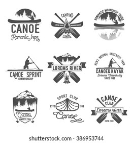 Set of vintage mountain, rafting, kayaking, paddling, canoeing camp logo, labels and badges.