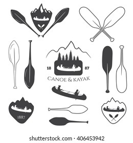Set of vintage mountain, rafting, kayaking, paddling, canoeing camp logo, labels and badges. Illustration in vector.