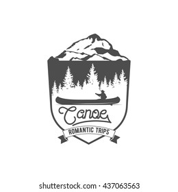 Set of vintage mountain, rafting, kayaking, paddling, canoeing camp logo, labels and badges. Stylish Monochrome design. Outdoor activity theme. Summer and winter vacation insignias. 