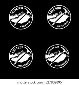 Set of vintage mountaineering and arctic expeditions logos, badges, emblems and design elements. Vector illustration. Ice pickaxe sign