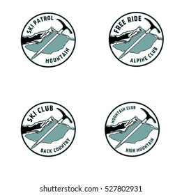 Set of vintage mountaineering and arctic expeditions logos, badges, emblems and design elements. Vector illustration. Ice pickaxe sign