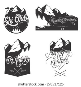 Set of vintage mountains and skiing badges design logo with hand lettering emblem