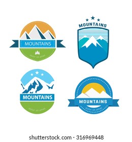 Set of vintage mountains stickers. Vector camp badges and outdoors logo emblems.