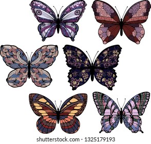 Set vintage multicolored butterfly of patterns