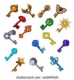 Set of vintage multicolored keys isolated on white background. Vector cartoon close-up illustration.
