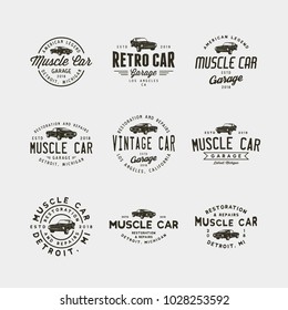 set of vintage muscle car garage logos. retro vehicle emblems, badges, design elements, logotype templates. vector illustration