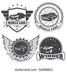 Set of vintage muscle car logos isolated on white background.Vector illustration.