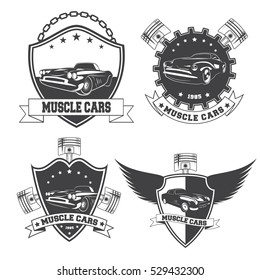 Set of vintage muscle car logos isolated on white background.Vector illustration.