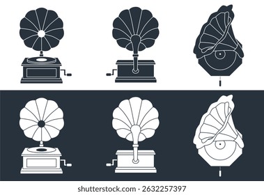 Set of vintage music gramophone. Antique device for listening music, nostalgic gramophone player flat vector illustration. Gramophone is an old type of record player. Classical Gramophone. 90s.