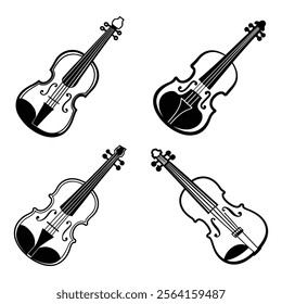 Set of vintage musical instrument violins line art,silhouette vector icon illustration,musical instrument,violins,music on white background