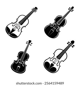 Set of vintage musical instrument violins line art,silhouette vector icon illustration,musical instrument,violins,music on white background