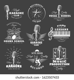 Set of vintage musical labels templates isolated on black background. Elements for music design. Template for logo, signage, branding design. Vector illustration