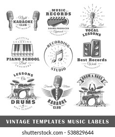 Set of vintage musical labels templates. Elements for design. Vector illustration 