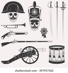 Set Of Vintage Napoleon Empire French Russian War Uniform, Equipment, Weapons, Horn, Drum, Cannon, Sword, Rapier, Medal, Skull In Hats Isolated On White Background