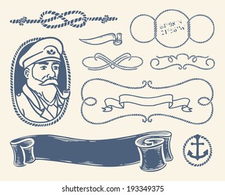 Set of vintage nautical decorative items, symbols and illustrations over white background.