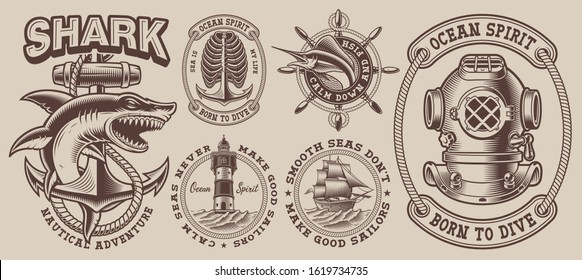 Set of vintage nautical designs with a shark, diver helmet and other elements. Perfect for posters, apparel, T-shirt design and many other uses. Layered