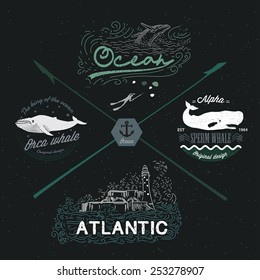 Set of vintage nautical emblems, logos, design elements. Marine Image: whale, water, ocean, lighthouse, seascape. 