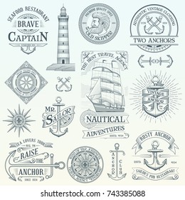 Set of vintage nautical labels and badges. Hand drawn vector design elements. Highly detailed illustration.