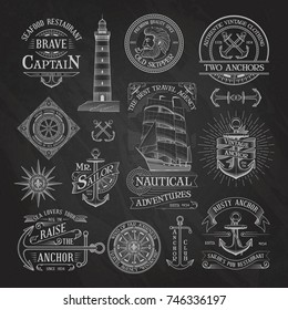 Set of vintage nautical labels and badges on chalkboard background. Hand drawn vector design elements. Highly detailed illustration.