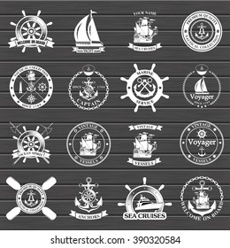 Set of vintage nautical labels, icons and design elements. Vector Illustration