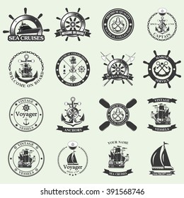 Set of vintage nautical labels, icons and design elements. Vector Illustration