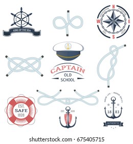 Set of vintage nautical labels, icons and design elements vector. Vintage vector sea anchor rope ribbon design. Premium quality nautical insignia element.