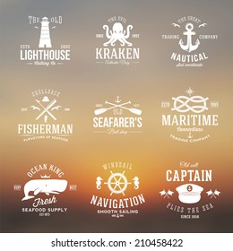 Set of Vintage Nautical Labels Logos and Signs With Retro Typography on Blurred Background Anchors Steering Wheel Knots Seagulls and Wale 