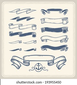 Set of vintage nautical ribbons over white background.