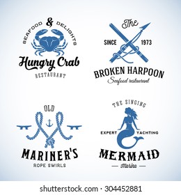 Set of Vintage Nautical Sea Labels with Retro Typography. Good for Seafood Restaurant or Cafe, Marina, Sail Crew, etc. Isolated.